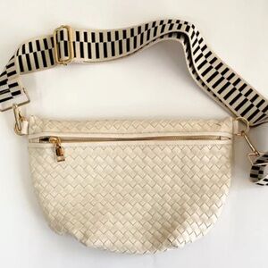 Woven Cream Crossbody Bag with Striped Adjustable Strap
